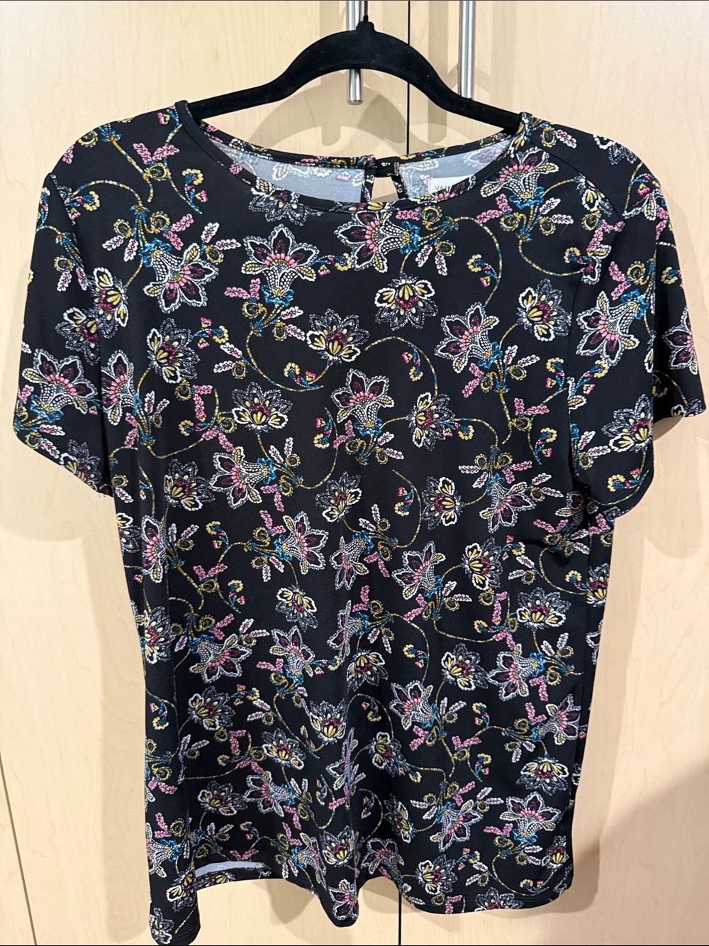 Van Heusen Black Floral Short-Sleeve Top with Pink Blue Yellow Accents